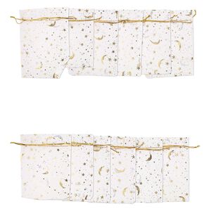 Pouch, organza, pkg/12, white/gold/silver, 4-1/2 x 3-1/2 inches with moon and star pattern and drawstring closure.