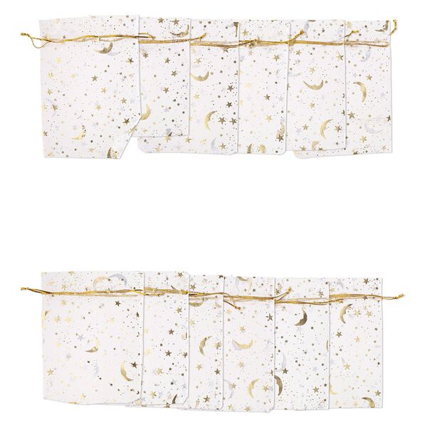 Pouch, organza, pkg/12, white/gold/silver, 4-1/2 x 3-1/2 inches with moon and star pattern and drawstring closure. image number 0