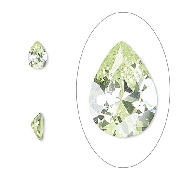 Gem, cubic zirconia, peridot green, 7x5mm faceted pear, Mohs hardness 8-1/2. Sold per pkg of 2. image number 0