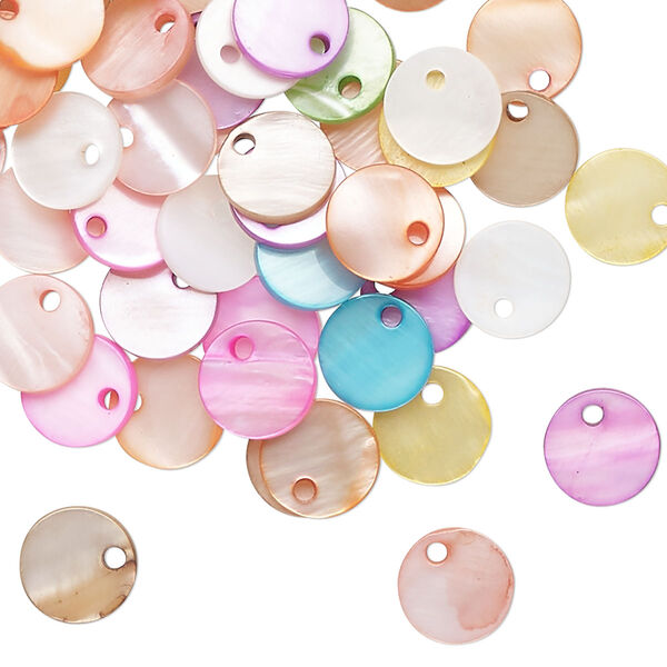 Drop mix, mother-of-pearl shell (bleached/dyed), mixed colors, 8mm flat round, Mohs hardness 3-1/2. Sold per pkg of 100. image number 0