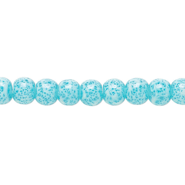 Bead, glass, opaque light blue and white, 5-6mm round with random spotted pattern. Sold per 15-1/2" to 16" strand. image number 0