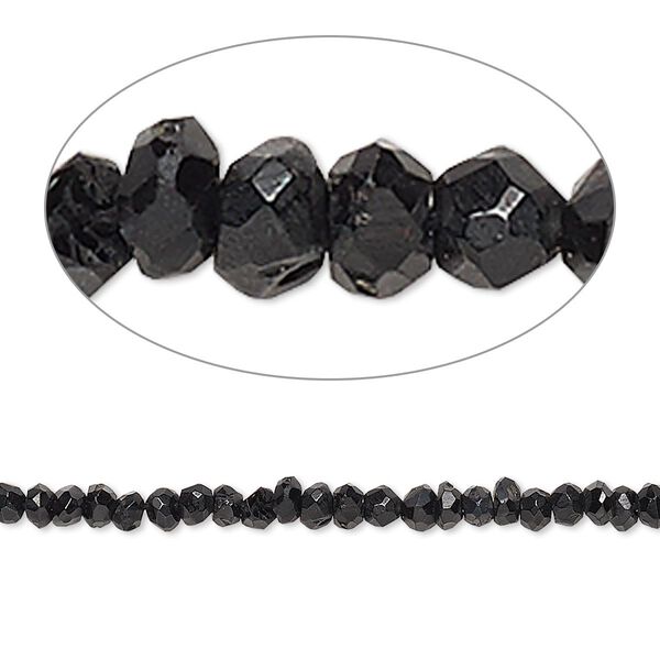 Bead, black spinel (natural), 2x1mm-3x2mm hand-cut faceted rondelle, C grade, Mohs hardness 8. Sold per 13-inch strand. image number 0