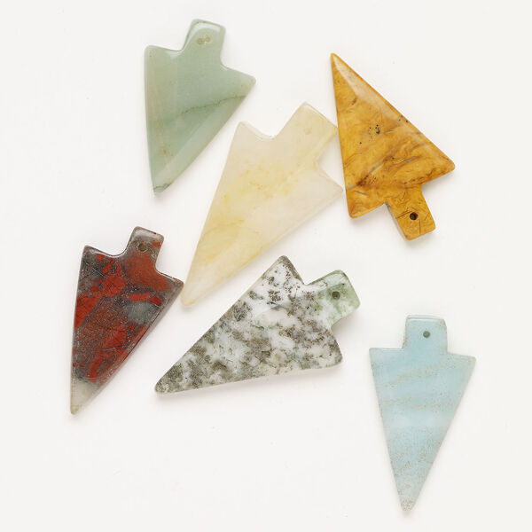 Multi-gemstone 1pkg6, top-drilled puffed / flat arrowhead focal mix 37x19mm-45x30mm image number 0