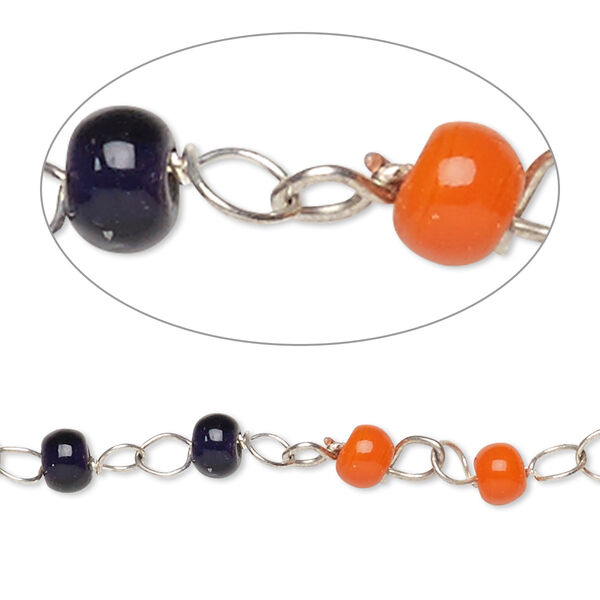 Chain, glass and silver-finished copper, translucent dark blue and opaque orange, 4mm beaded round. Sold per 26-inch strand. image number 0