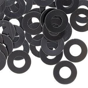 Washer, anodized aluminum, black, 13mm double-sided flat round blank with 6mm hole, 20 gauge. Sold per pkg of 100.