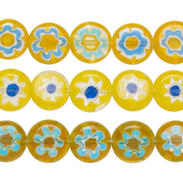 Bead mix, millefiori glass, multicolored, 10mm puffed flat round with flower design. Sold per pkg of (3) 14-inch strands. image number 0