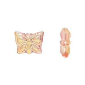 Bead, Preciosa Czech pressed glass, translucent crystal, half-coated orange luster, 15x12mm butterfly. Sold per pkg of 10.
