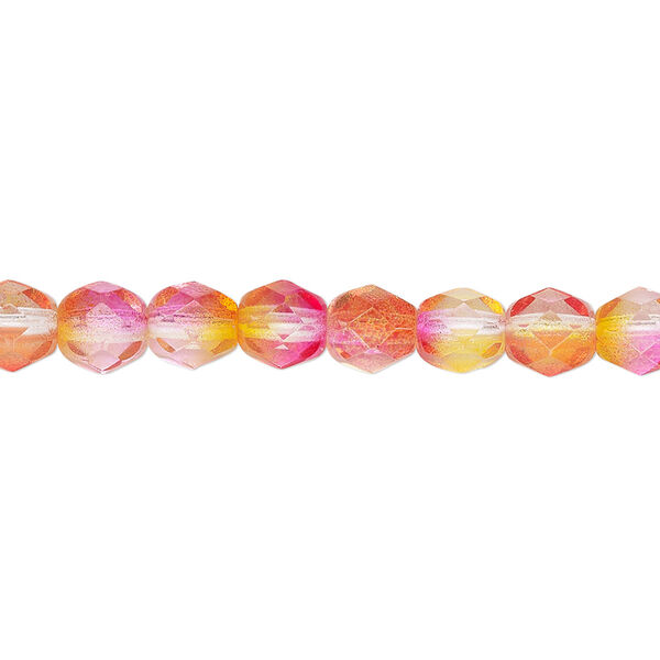 Bead, Czech fire-polished glass, orange and red, 6mm faceted round. Sold per 15-1/2" to 16" strand, approximately 65 beads. image number 0