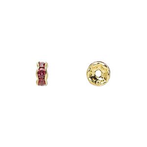 Bead, glass rhinestone and gold-finished brass, rose, 6x3mm rondelle. Sold per pkg of 10.