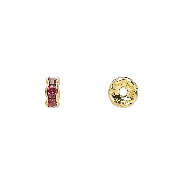 Bead, glass rhinestone and gold-finished brass, rose, 6x3mm rondelle. Sold per pkg of 10. image number 0