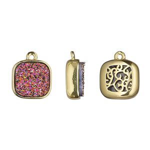 Drop, Druzylite™, "druzy" (resin) and gold-finished brass, metallic purple, 11.5mm two-sided square with open filigree back. Sold per pkg of 4.