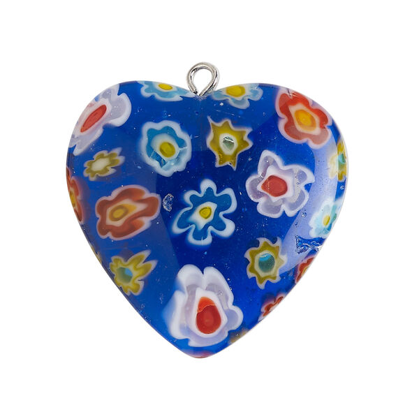 Focal 1pkg1, silver-finished steel / millefiori glass, translucent multicolored / cobalt blue, 29-31mm puffed heart. image number 0