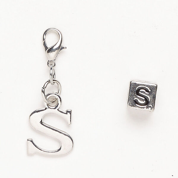 Charm 1pkg2 "pewter" (zinc-based alloy) / steel / enamel, 12mm "S" / 7mm cube /lobster claw clasp antique silver finish / black image number 0