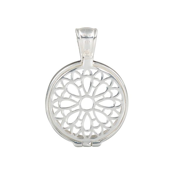 Pendant, sterling silver, 29x21mm hinged round with flower design and 18mm cabochon setting. Sold individually. image number 0