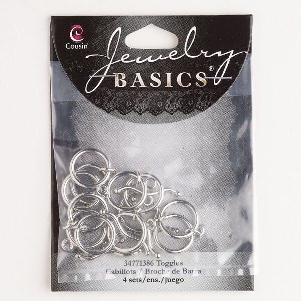 Clasp, toggle, steel, pkg/8, silver finish, 14mm round with wavy bar. image number 0
