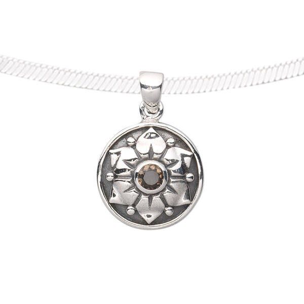 Pendant, Create Compliments®. smoky quartz (heated / irradiated) and antiqued sterling silver, 26x17mm fancy flat round with 5mm round. Sold individually. image number 0