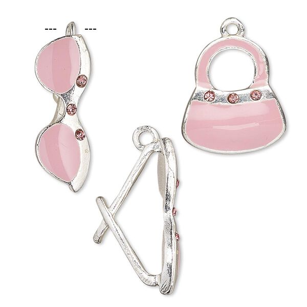 Charm, glass rhinestone / enamel / silver-finished "pewter" (zinc-based alloy), pink and rose, 17x15mm purse and 22x8mm sunglasses. Sold per pkg of (2) 2-piece sets. image number 0