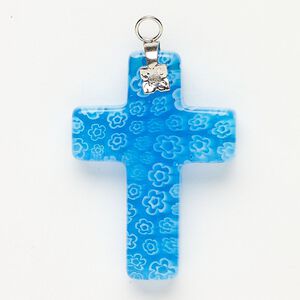Focal 1pkg1 silver-finished steel and millefiori glass, translucent and transparent aqua blue and white, 33x23mm-35x24mm cross.