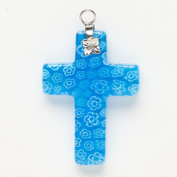Focal 1pkg1 silver-finished steel and millefiori glass, translucent and transparent aqua blue and white, 33x23mm-35x24mm cross. image number 0
