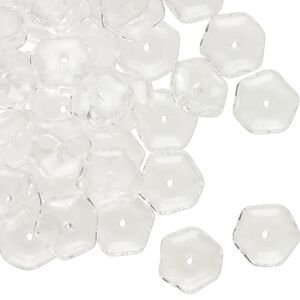 Bead, Czech pressed glass, transparent clear, 9x4mm hexagonal rondelle. Sold per 1-ounce pkg, approximately 60 beads.