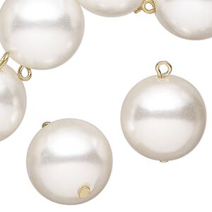 Drop, acrylic, white pearl, gold-finished brass, 18mm round. Sold per pkg of 100.