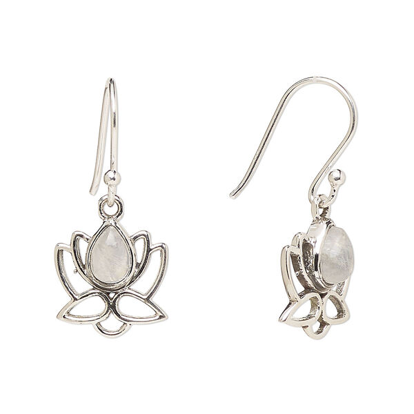 Ear wire, Create Compliments®, antiqued sterling silver and rainbow moonstone (natural), fishhook, 26.5mm with 12mm single-sided open lotus, 21 gauge. Sold per pair. image number 0