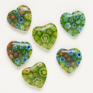 Bead, millefiori glass, translucent green and multicolored, 16-19mm half-drilled puffed heart. Sold per pkg of 6.