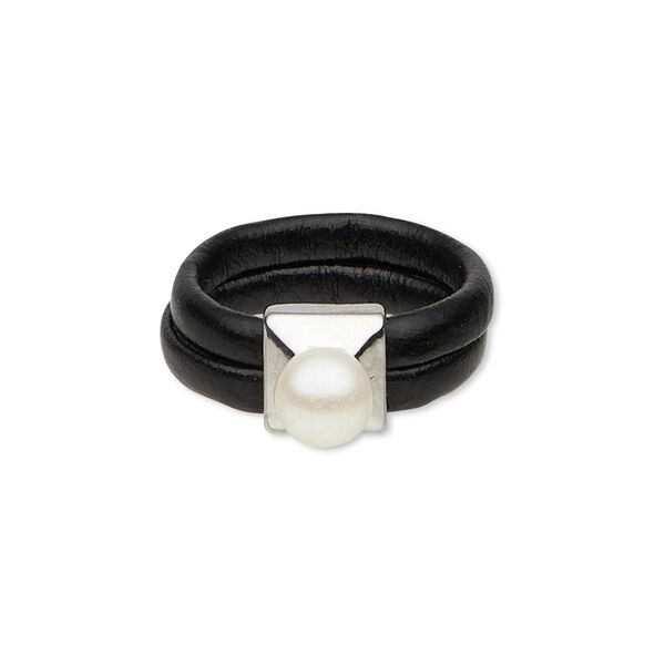 Ring, 2-strand, polyurethane / acrylic pearl / rhodium-plated "pewter" (zinc-based alloy), black and white, 8mm wide with 6mm round, size 7. Sold individually. image number 0