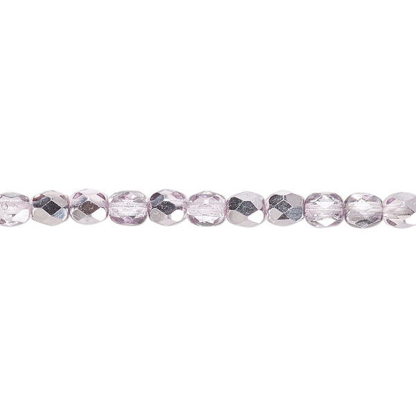 Bead, Czech fire-polished glass, clear with half-coat metallic pink silver, 4mm faceted round. Sold per 15-1/2" to 16" strand. image number 0