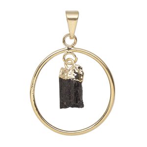 Pendant, Everyday Jewelry, gold-plated brass and black tourmaline (natural), 30x25mm-32x27mm open round. Sold individually.