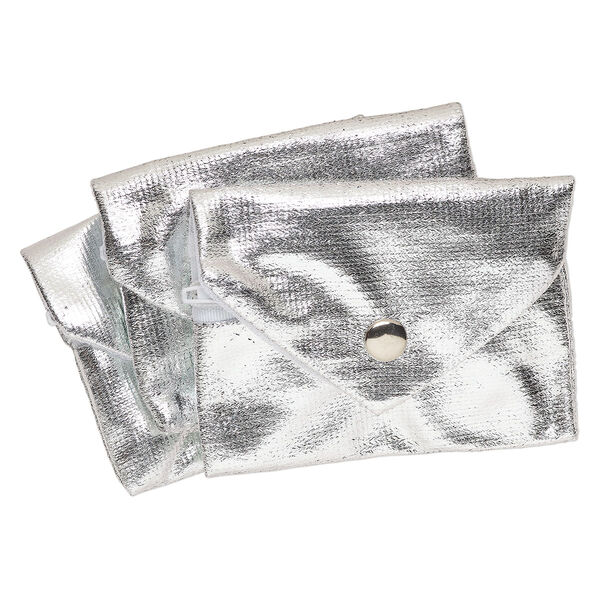 Pouch, metallic nylon, silver, 3x2.5-inches with snap and zipper. Sold per pkg of 3. image number 0