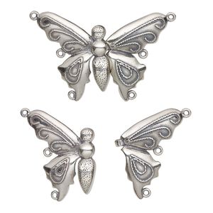 Clasp hook 1pkg1 sterling silver, 38x28mm butterfly, antiqued JBB Findings 3-strand