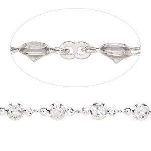 Chain 1pkg1 silver-plated round & figure 8, 5mm / 3mm, brass / clear glass 1 meter unfinished