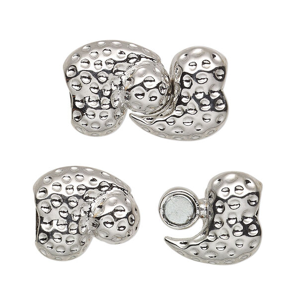 Clasp, magnetic, silver-plated "pewter" (zinc-based alloy), 24x14mm hammered freeform with (2) 7.2x3mm glue-in end caps. Sold individually. image number 0