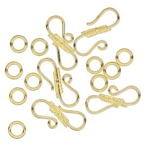 Clasp, hook-and-eye, gold-finished brass, 24x10.5mm textured with (10) 7mm jump rings. Sold per pkg of 5.