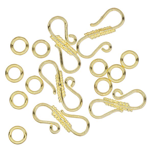 Clasp, hook-and-eye, gold-finished brass, 24x10.5mm textured with (10) 7mm jump rings. Sold per pkg of 5. image number 0