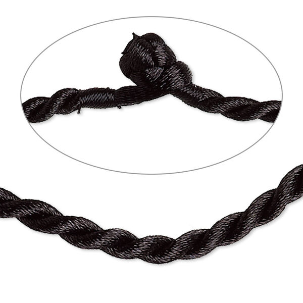 Necklace cord, satin-finished nylon, black, 3mm smooth twist, 16 inches with knot closure. Sold per pkg of 2. image number 0