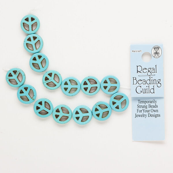 Bead, "turquoise" (resin) (imitation), opaque blue, 15mm peace sign. Sold per pkg of 14. image number 0