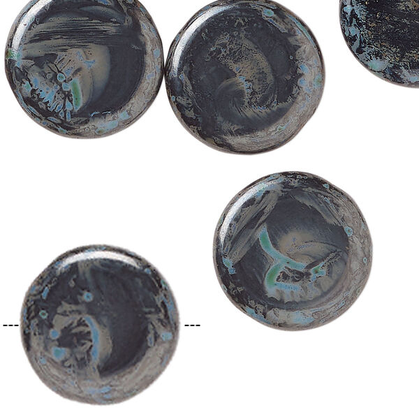 Bead, Czech pressed glass, opaque light blue, black and grey, 17mm flat round with swirl pattern. Sold per 2-ounce pkg, approximately 29 beads. image number 0