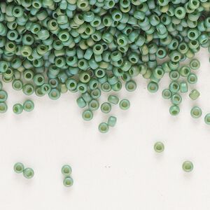 Seed bead, Miyuki, glass, pkg/35g, #15 rocaille, opaque matte rainbow turtle green, (RR-4699).