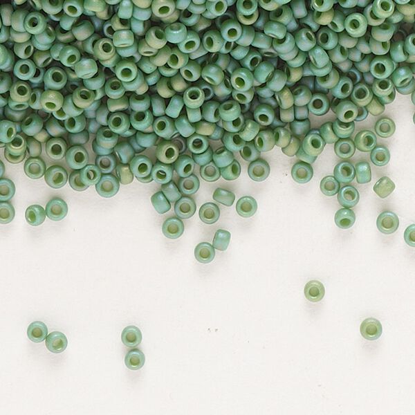 Seed bead, Miyuki, glass, pkg/35g, #15 rocaille, opaque matte rainbow turtle green, (RR-4699). image number 0