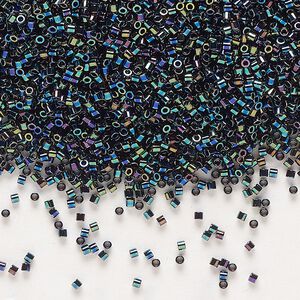 Seed bead, Delica®, glass, pkg/7.5g, #15 round, opaque rainbow black (DBS-0005).
