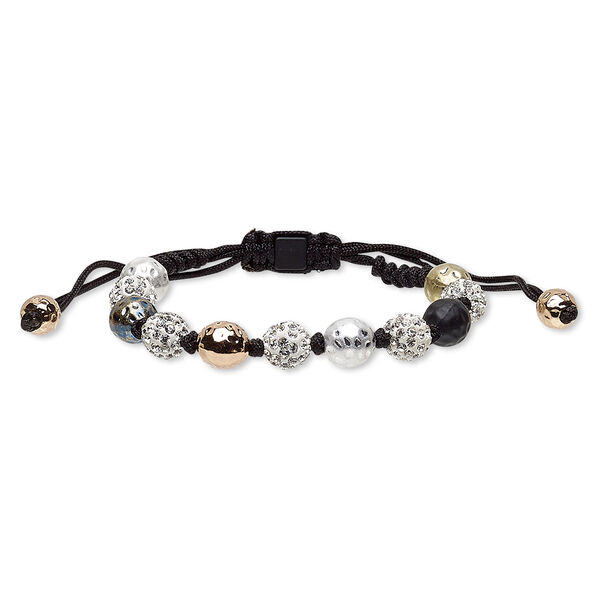 Bracelet, glass rhinestone / enamel / nylon / polymer clay / gold-finished / copper- / brass- / silver-plated "pewter" (zinc-based alloy), multicolored, 10mm matte and shiny hammered round with 10mm round, adjustable from 6-1/2 to 9-1/2 inches with macramé knot closure. Sold individually. image number 0