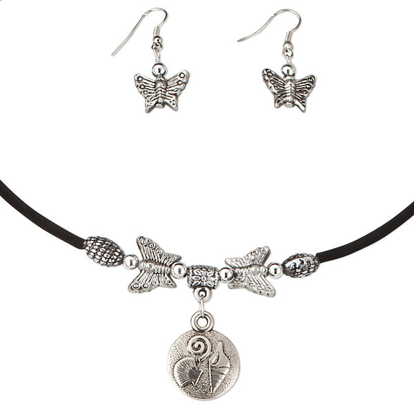 Necklace, bracelet and earring set, velveteen / steel memory wire / steel / silver-coated acrylic, black, 16x14mm butterfly and 20mm flat round, adjustable, fishhook ear wire. Sold per set. image number 0