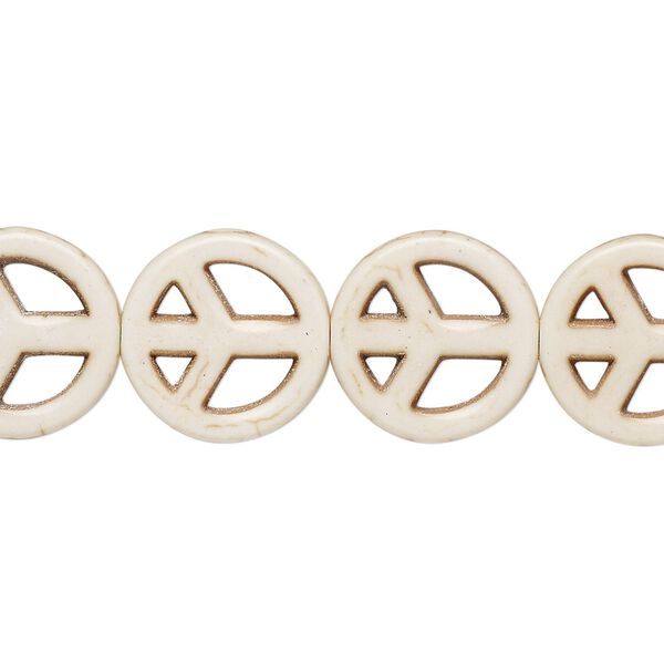 Bead, "howlite" (resin) (imitation), tan, 15mm peace sign. Sold per 15-inch strand. image number 0