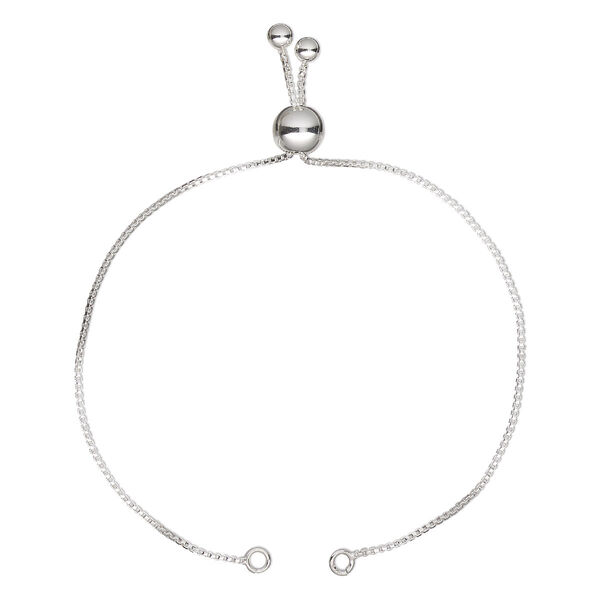 Bracelet component, sterling silver and silicone, clear, 1mm box chain, 8-1/2 inches with 8mm adjustable slider bead and (2) 4mm rounds, 2 open loops. Sold individually. image number 0