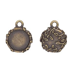 Drop, TierraCast®, antique brass-plated pewter (tin-based alloy), 16mm round with leaf design, 12.5mm cabochon setting. Sold per pkg of 2.