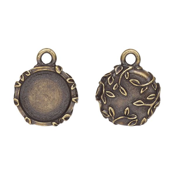 Drop, TierraCast®, antique brass-plated pewter (tin-based alloy), 16mm round with leaf design, 12.5mm cabochon setting. Sold per pkg of 2. image number 0
