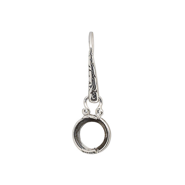 Earring, antiqued sterling silver, 29mm fishhook with dot and fancy design and open back with 8mm 2-prong round cabochon setting. Sold per pair. image number 0