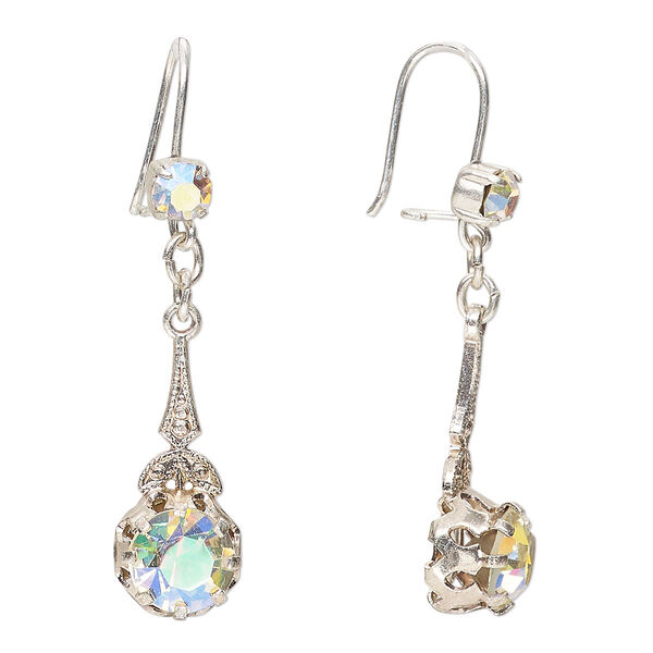 Earring, silver-finished brass and glass, pink-tint clear AB, 45.5mm overall with 5mm and 9mm faceted rounds and 19 gauge safety ear wires. Sold per pair. image number 0